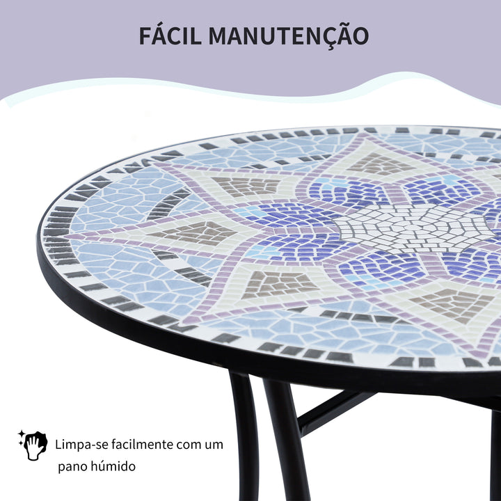 Mesa de Jardim Redonda Mesa de Varanda Ø60x71 cm com Bancada em Mosaico Decorativa Carga 100 kg Mesa de Exterior Pátio Azul e Branco