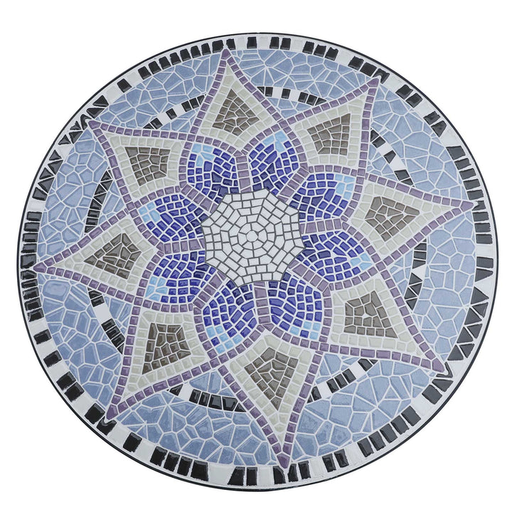 Mesa de Jardim Redonda Mesa de Varanda Ø60x71 cm com Bancada em Mosaico Decorativa Carga 100 kg Mesa de Exterior Pátio Azul e Branco