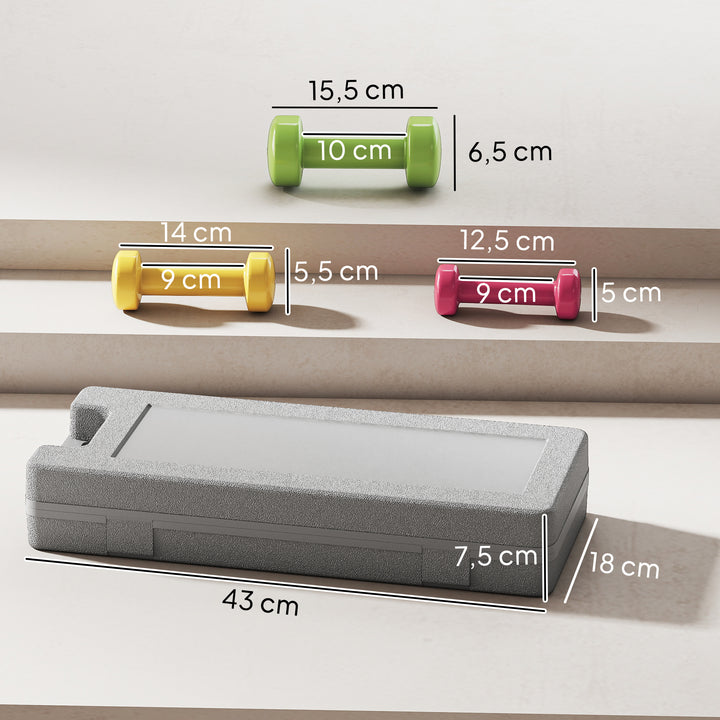 Conjunto de 6 Halteres Hexagonais 3 Pares de 1,5kg, 1kh e 0,5kg Conjunto de Halteres com Maleta de Transporte para Exercícios em Casa Academia Multicor