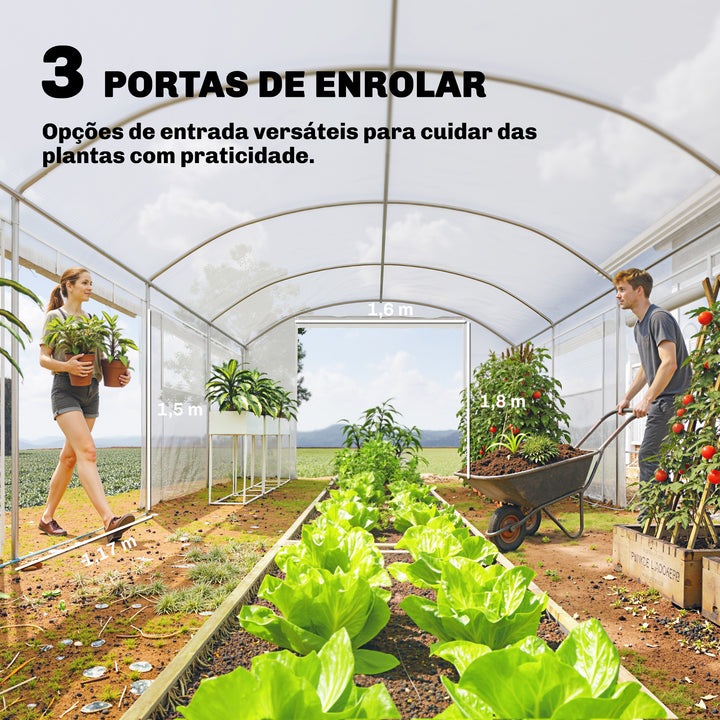 Estufa de Exterior 6x3x2 m Estufa Túnel com 3 Portas Enroláveis Janelas com Rede Cobertura PE 140g/m² Anti-UV e Estrutura de Aço Galvanizado para Cultivo de Plantas Branco