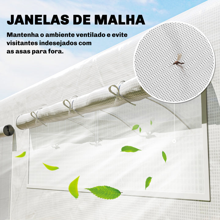 Estufa de Exterior 6x3x2 m Estufa Túnel com 3 Portas Enroláveis Janelas com Rede Cobertura PE 140g/m² Anti-UV e Estrutura de Aço Galvanizado para Cultivo de Plantas Branco