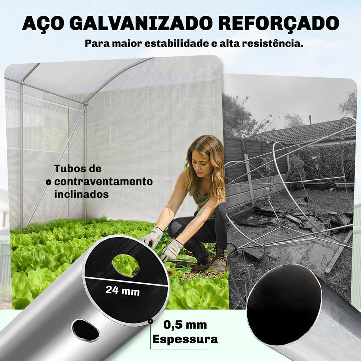 Estufa de Exterior 6x3x2 m Estufa Túnel com 3 Portas Enroláveis Janelas com Rede Cobertura PE 140g/m² Anti-UV e Estrutura de Aço Galvanizado para Cultivo de Plantas Branco