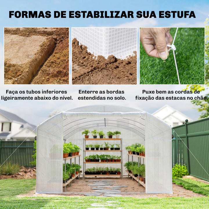Estufa de Exterior 6x3x2 m Estufa Túnel com 3 Portas Enroláveis Janelas com Rede Cobertura PE 140g/m² Anti-UV e Estrutura de Aço Galvanizado para Cultivo de Plantas Branco
