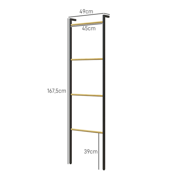 Toalheiro de 4 Níveis Toalheiro Escada Apoiado na Parede Toalheiro Casa de Banho com 4 Barras de Bambu e Estrutura de Aço 49x5,5x167,5 cm Preto e Madeira