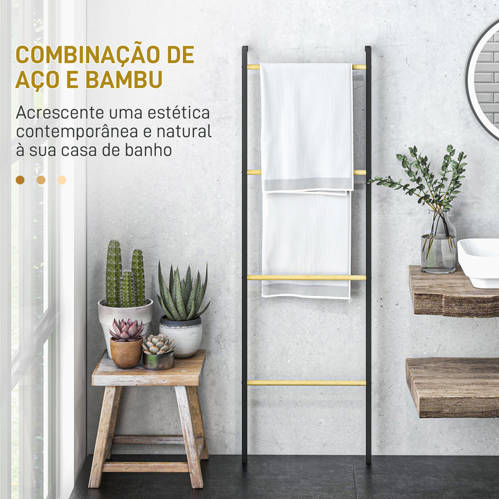Toalheiro de 4 Níveis Toalheiro Escada Apoiado na Parede Toalheiro Casa de Banho com 4 Barras de Bambu e Estrutura de Aço 49x5,5x167,5 cm Preto e Madeira