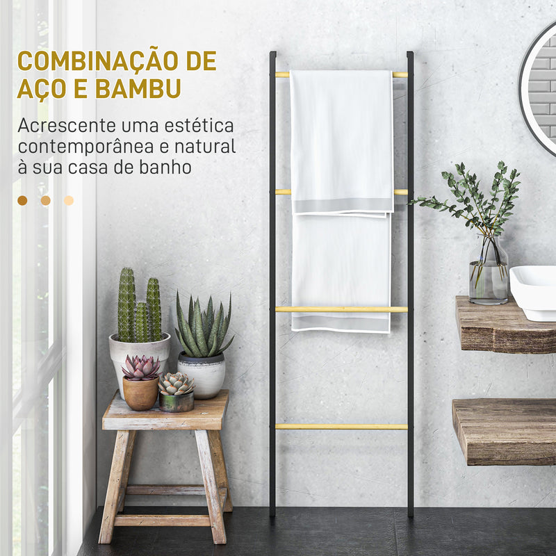 Toalheiro de 4 Níveis Toalheiro Escada Apoiado na Parede Toalheiro Casa de Banho com 4 Barras de Bambu e Estrutura de Aço 49x5,5x167,5 cm Preto e Madeira