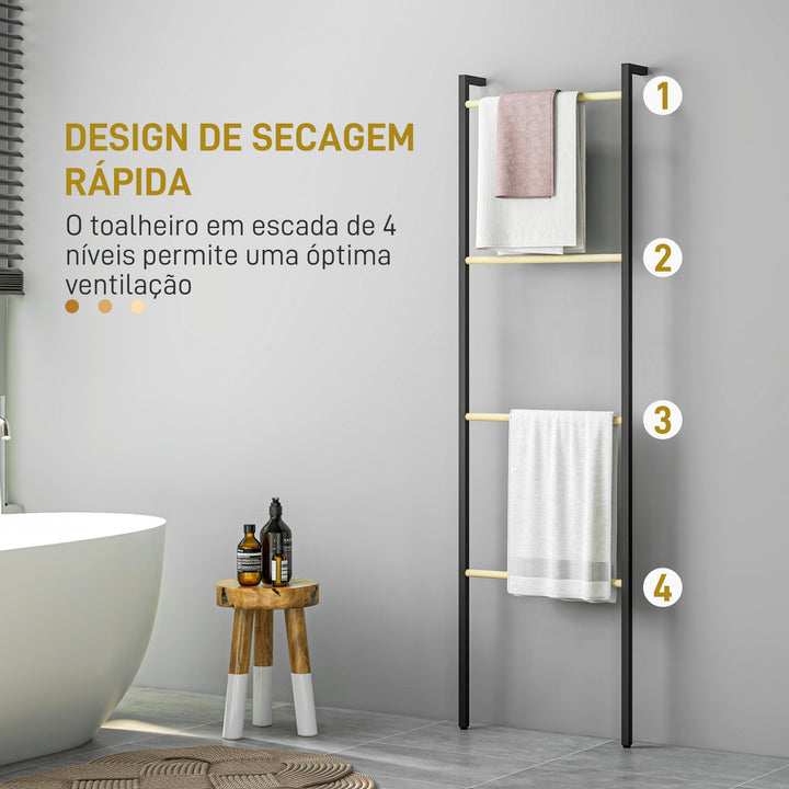 Toalheiro de 4 Níveis Toalheiro Escada Apoiado na Parede Toalheiro Casa de Banho com 4 Barras de Bambu e Estrutura de Aço 49x5,5x167,5 cm Preto e Madeira