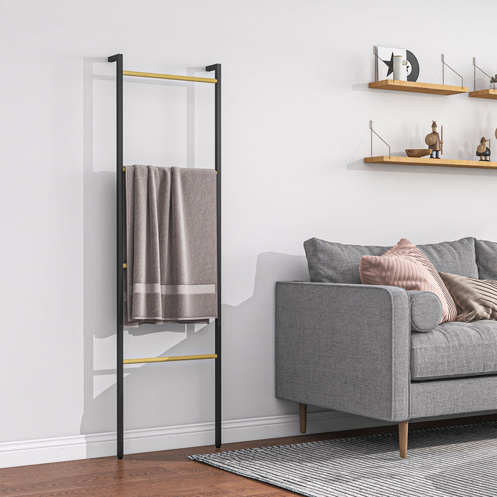 Toalheiro de 4 Níveis Toalheiro Escada Apoiado na Parede Toalheiro Casa de Banho com 4 Barras de Bambu e Estrutura de Aço 49x5,5x167,5 cm Preto e Madeira