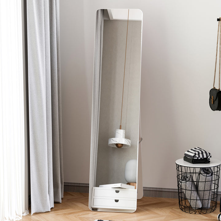 Espelho de Pé de Corpo Inteiro Retangular Espelho de Parede com 2 Formas de Uso Estrutura de Madeira de Pinho para Dormitórios Sala de Estar Corredor 37x43x156cm Branco