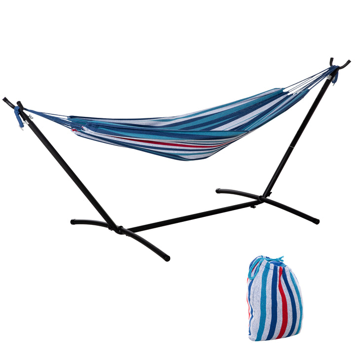 Cama Rede com Suporte 310x117 cm Cama Rede de Campismo com Bolsa de Transporte Portátil Altura Ajustável Capacidade 120 kg para Pátio Varanda Azul e Branco