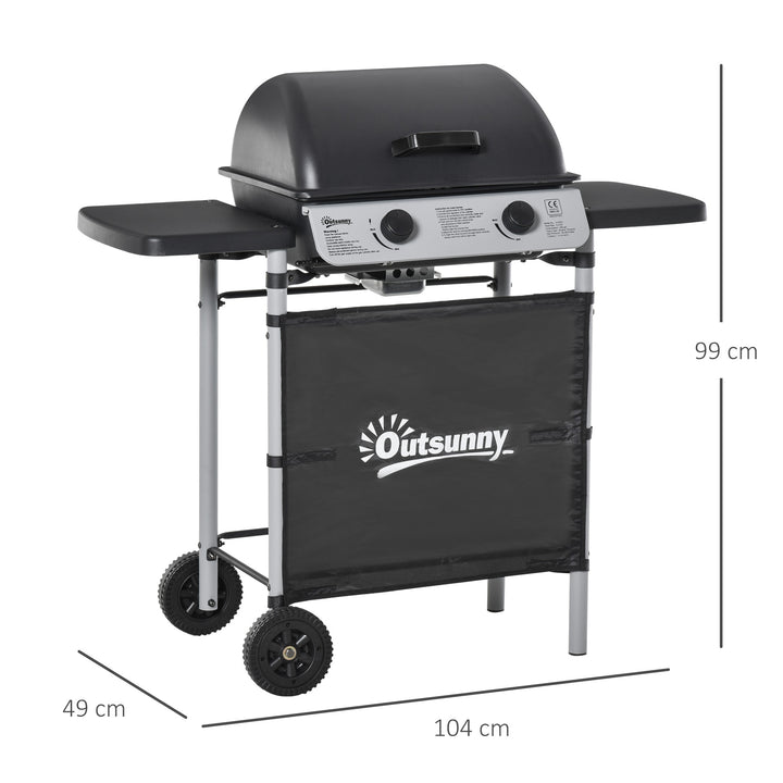 Barbecue a Gás com 2 Queimadores 2,8 KW Barbecue a Gás com 2 Rodas 2 Mesas Laterais e Grelhas de Aço para Piquenique Campismo 104x49x99 cm Preto