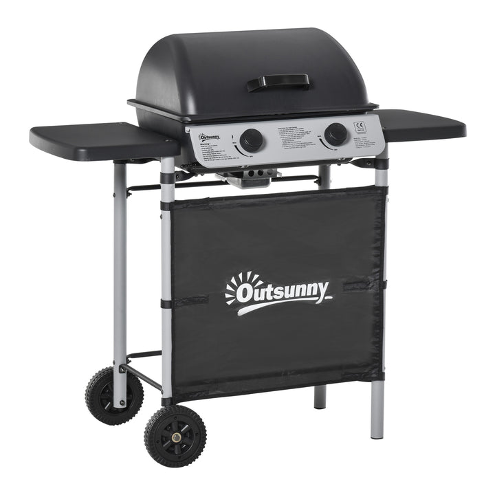 Barbecue a Gás com 2 Queimadores 2,8 KW Barbecue a Gás com 2 Rodas 2 Mesas Laterais e Grelhas de Aço para Piquenique Campismo 104x49x99 cm Preto