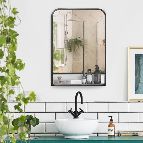 Espelho Decorativo de Parede 70x50cm Espelho Retangular de Metal com Prateleira de Armazenamento para Sala de Estar Dormitório Entrada Estilo Moderno Preto