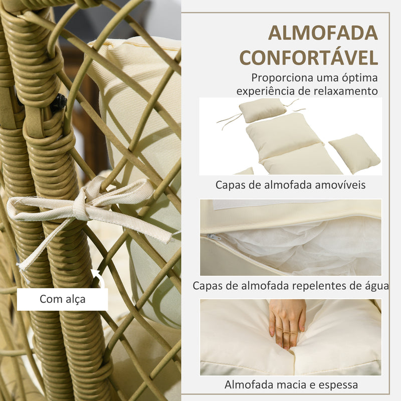 Poltrona de Exterior de Vime PE com Almofadas Poltrona de Pátio com Encosto Acolchoado Pés Ajustáveis e Estrutura de Metal para Jardim 88x85x143 cm Natural e Creme