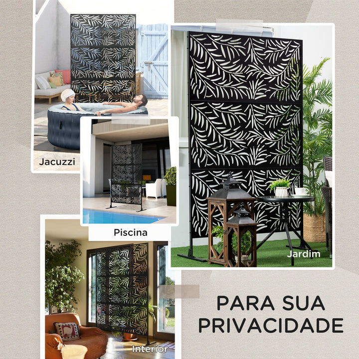 Biombo de 3 Peças Separador de Ambiente com Desenho em Ramos Biombo para Exterior Jardim Pátio Varanda 122x45x198 cm Preto