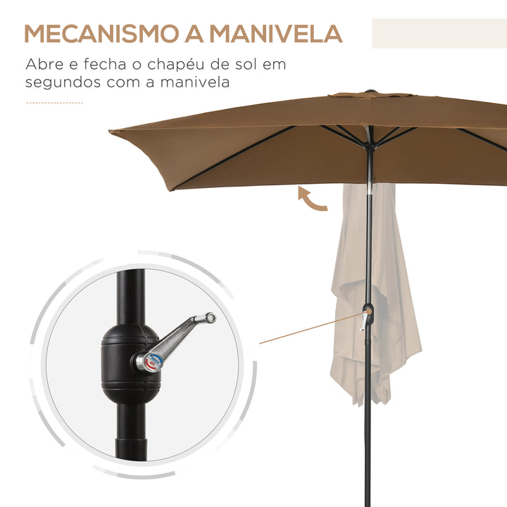 Chapéu de Sol de Alumínio 202x293x255 cm Chapéu de Sol Retangular de Jardim Inclinável com Manivela e Mastro Desmontável para Terraço Piscina Pátio Exterior Marrom