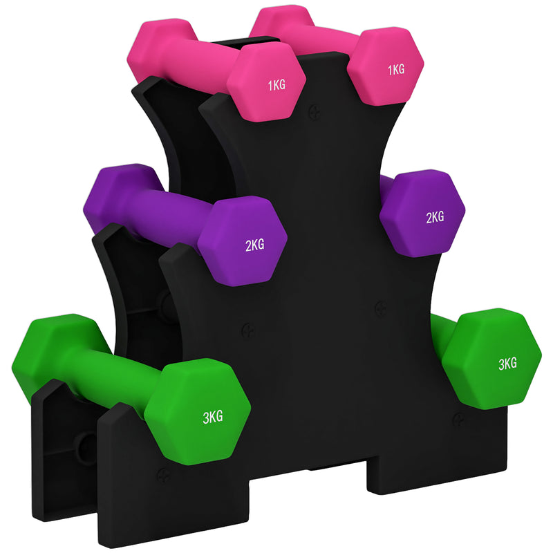 Jogo de Halteres 2x1 kg 2x2 kg 2x3 kg Conjunto de Halteres Hexagonais com Suporte de Armazenamento para Exercício Treino em Casa Ginásio Multicolor