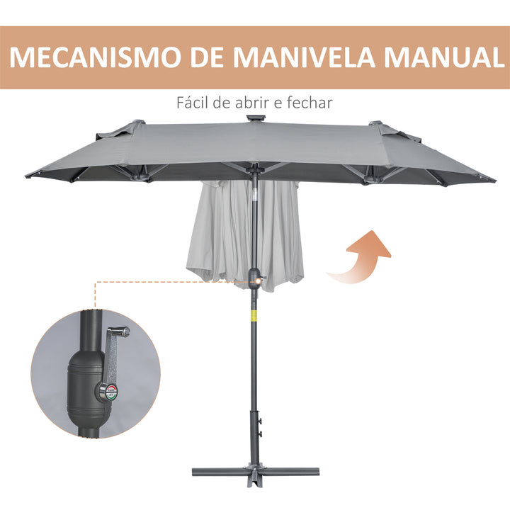 Chapéu de Sol Duplo 295x150x219 cm Chapéu de Sol de Jardim com Luzes LED Solares Teto com Inclinação Ajustável e Manivela Manual para Pátio Piscina Praia Cinza