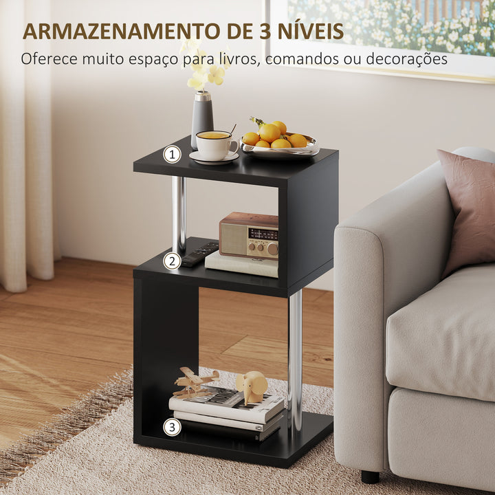 Mesa Auxiliar com Luz LED de 3 Níveis Mesa Auxiliar Moderna com Forma de S Prateleiras Abertas e Estrutura em Alumínio para Sala Quarto 44x38x75 cm Preto Brilhante