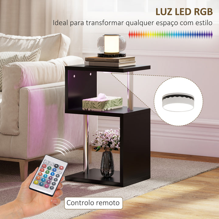 Mesa Auxiliar com Luz LED de 3 Níveis Mesa Auxiliar Moderna com Forma de S Prateleiras Abertas e Estrutura em Alumínio para Sala Quarto 44x38x75 cm Preto Brilhante