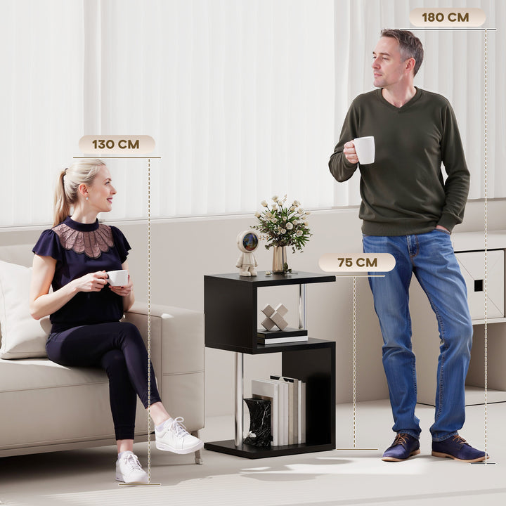 Mesa Auxiliar com Luz LED de 3 Níveis Mesa Auxiliar Moderna com Forma de S Prateleiras Abertas e Estrutura em Alumínio para Sala Quarto 44x38x75 cm Preto Brilhante