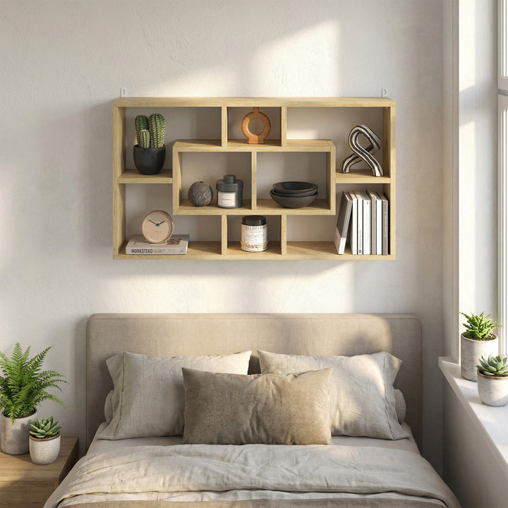 Estante de Parede Decorativa Estante para Livros CDs Prateleiras Flutuantes com 8 Cubos 85x14,5x47,5 cm Carga 20kg para Escritório Estúdio Sala de Estar Carvalho