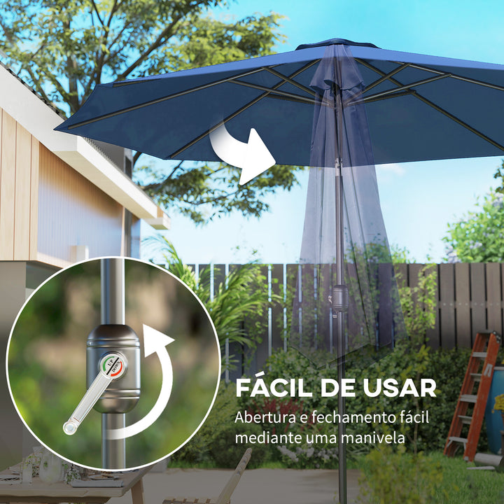 Chapéu de Sol de Jardim Ø295x250 cm com Manivela Chapéu de Sol Exterior com Mecanismo de Inclinação e Mastro Desmontável de Metal para Terraço Piscina Pátio Azul