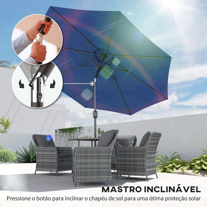 Chapéu de Sol de Jardim Ø295x250 cm com Manivela Chapéu de Sol Exterior com Mecanismo de Inclinação e Mastro Desmontável de Metal para Terraço Piscina Pátio Azul