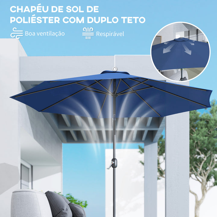 Chapéu de Sol de Jardim Ø295x250 cm com Manivela Chapéu de Sol Exterior com Mecanismo de Inclinação e Mastro Desmontável de Metal para Terraço Piscina Pátio Azul