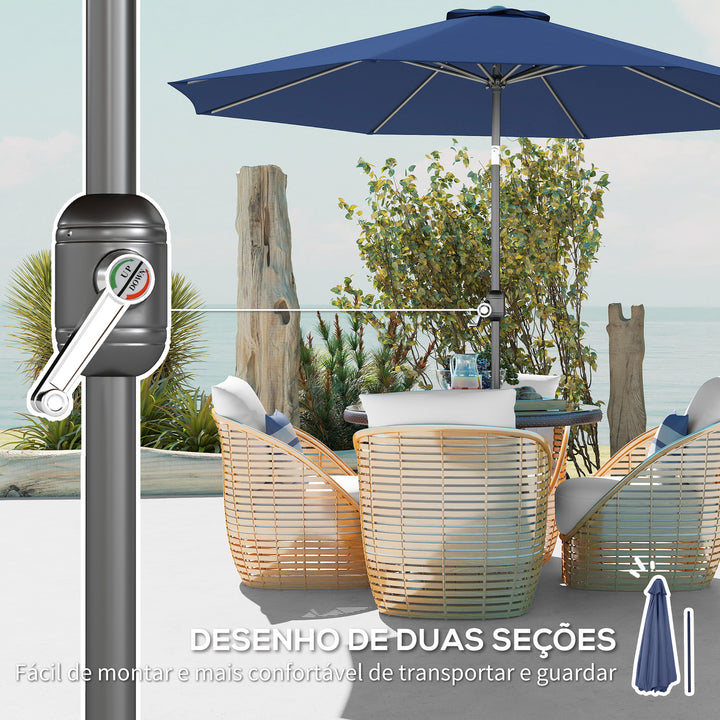 Chapéu de Sol de Jardim Ø295x250 cm com Manivela Chapéu de Sol Exterior com Mecanismo de Inclinação e Mastro Desmontável de Metal para Terraço Piscina Pátio Azul