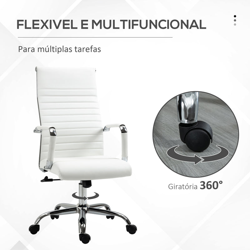 Cadeira de Escritório Ergonómica Giratória 360° Basculante com Altura Ajustável Rodas e Apoio para os Braços Estofada Pele Sintética 54x62x104-114 cm Branco