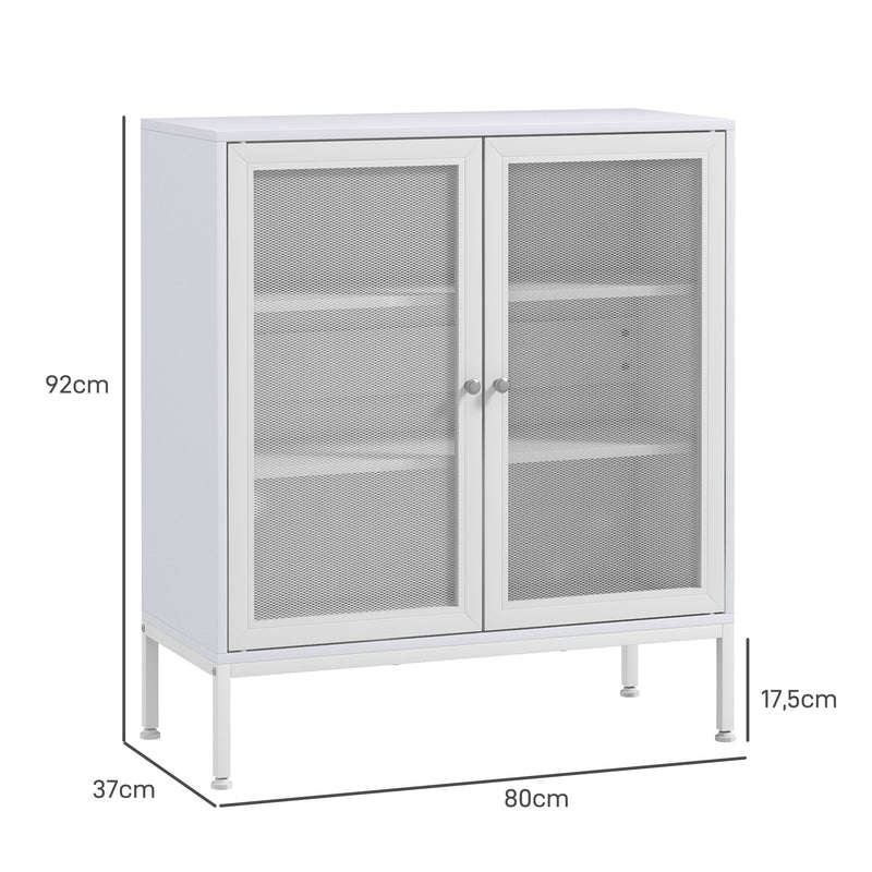 Aparador de 3 Níveis Móvel Auxiliar com Portas de Malha e Prateleira Ajustável Aparador de Cozinha Moderno para Sala 80x37x92 cm Branco