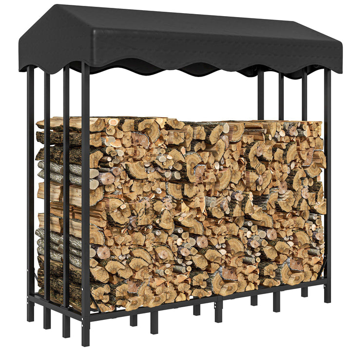 Suporte para Lenha com Cobertura Estante para Lenha de Metal com Estrutura Reforçada e Anéis de Bloqueio Carga 1200 kg para Interior e Exterior 143x70x145 cm Preto