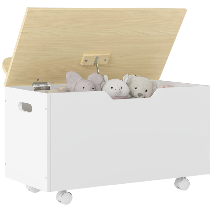 Baú de Brinquedos com Rodas Baú Infantil com Tampa Abatível e Dobradiça de Segurança Design de Nuvem para Quarto Sala de Jogos Creche 59x30x53 cm Branco e Madeira