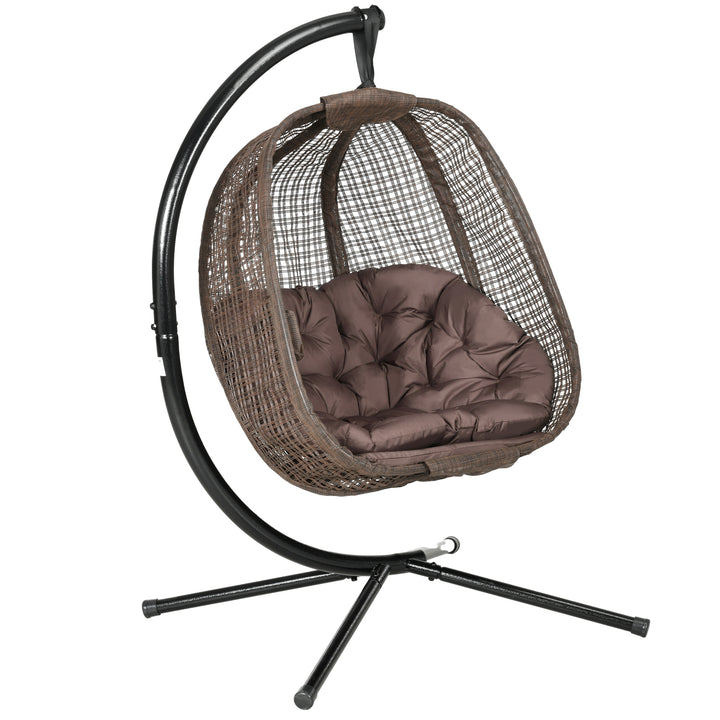 Poltrona Suspensa com Efeito Imitação de Vime Poltrona Pendurada com Estrutura de Aço Cesta Dobrável Bolso para Copos e Almofadas Suporta 120 kg para Interior e Exterior Marrom