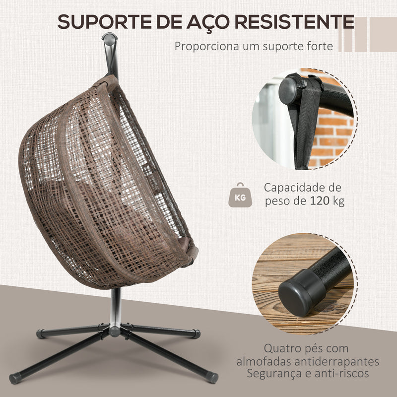 Poltrona Suspensa com Efeito Imitação de Vime Poltrona Pendurada com Estrutura de Aço Cesta Dobrável Bolso para Copos e Almofadas Suporta 120 kg para Interior e Exterior Marrom