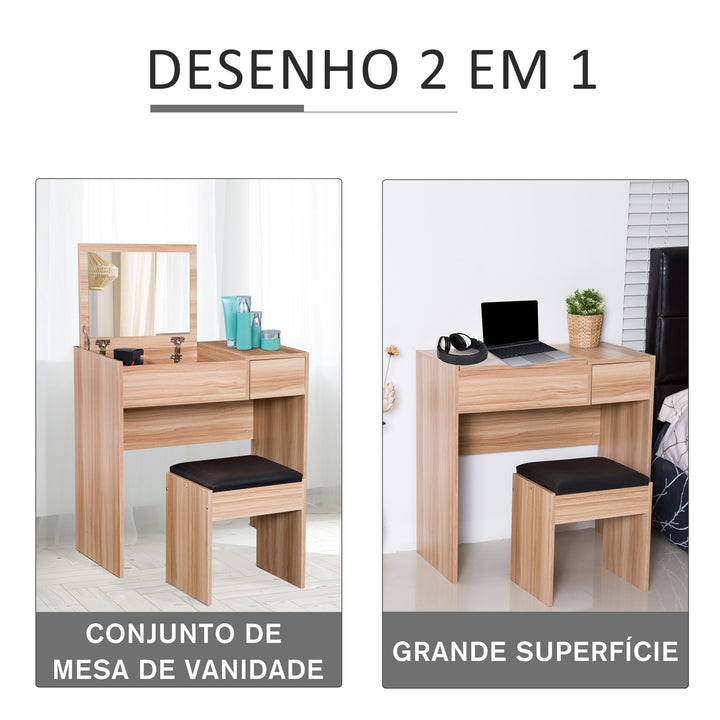 Comoda com Banquinho Espelho Tampa Dobrável Mesa para Maquilhagem 3 Caixas e 1 Gaveta
