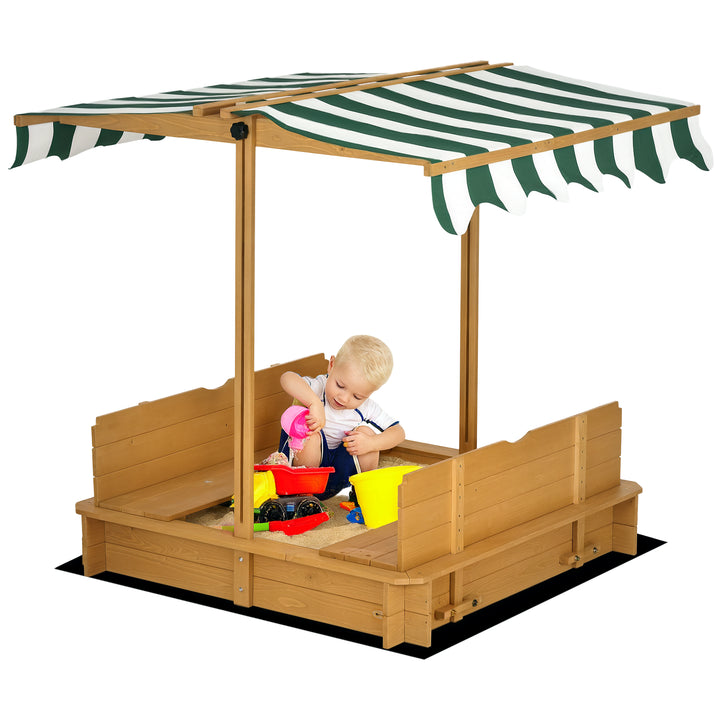 Caixa de Areia para Crianças de Madeira Caixa de Areia Infantil com Toldo Ajustável em Altura 2 Bancos e Encostos Removíveis para Pátio Jardim 106x106x121 cm Natural