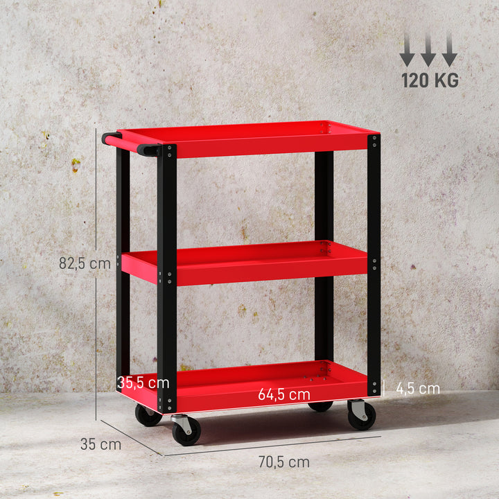 Carrinho de Oficina Carrinho de Ferramentas com 3 Prateleiras Rodas com Travões e Alça Lateral para Garagem Mecânica Casa Carga 120 kg Vermelho
