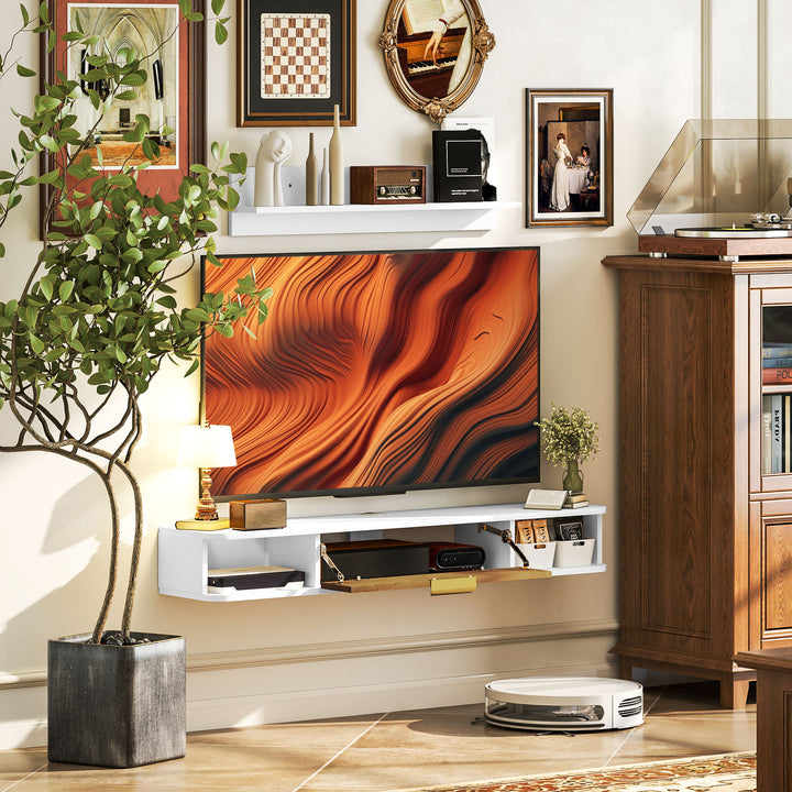 Conjunto de Móveis de Sala, Móvel de TV com Prateleira de Parede, Porta, Prateleiras Abertas, Orifícios para Cabos, para Televisão de Parede, 120x24x16 cm, Branco