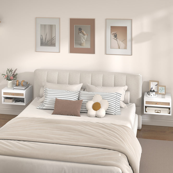 Conjunto de 2 Mesas de Cabeceiras Suspensas Mesas de Cabeceira com Compartimento Aberto e Gaveta com Frente em Vime Mesas de Cabeceira para Dormitório 40x34x23 cm Branco