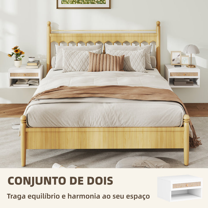 Conjunto de 2 Mesas de Cabeceiras Suspensas Mesas de Cabeceira com Compartimento Aberto e Gaveta com Frente em Vime Mesas de Cabeceira para Dormitório 40x34x23 cm Branco