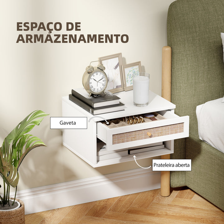 Conjunto de 2 Mesas de Cabeceiras Suspensas Mesas de Cabeceira com Compartimento Aberto e Gaveta com Frente em Vime Mesas de Cabeceira para Dormitório 40x34x23 cm Branco