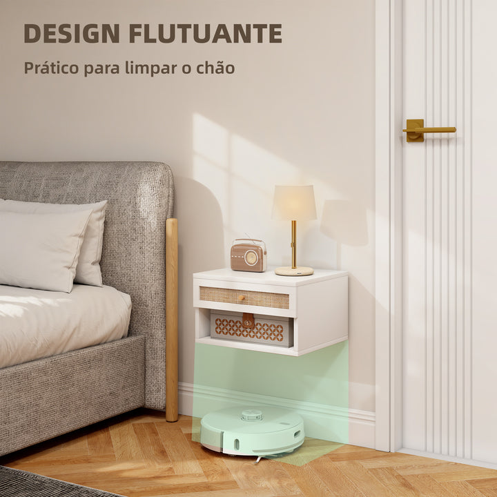 Conjunto de 2 Mesas de Cabeceiras Suspensas Mesas de Cabeceira com Compartimento Aberto e Gaveta com Frente em Vime Mesas de Cabeceira para Dormitório 40x34x23 cm Branco