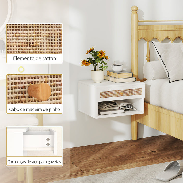 Conjunto de 2 Mesas de Cabeceiras Suspensas Mesas de Cabeceira com Compartimento Aberto e Gaveta com Frente em Vime Mesas de Cabeceira para Dormitório 40x34x23 cm Branco