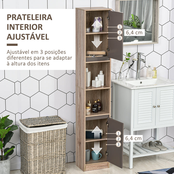 Armário alto para banheiro com 2 portas e 2 prateleiras abertas Móveis auxiliares para sala de estar Corredor 30x24x170 cm Carvalho e cinza