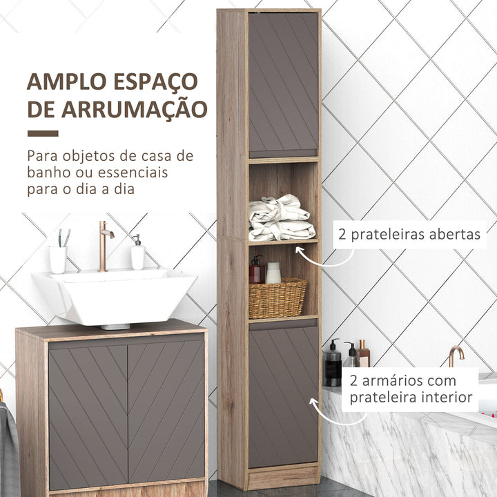 Armário alto para banheiro com 2 portas e 2 prateleiras abertas Móveis auxiliares para sala de estar Corredor 30x24x170 cm Carvalho e cinza