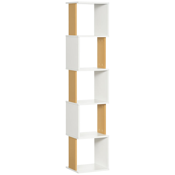 Estante de Livros em Forma de S Estante com 5 Prateleiras Abertas para Sala de Estar Escritório Estúdio Anti-Tombo Carga Máxima 100kg 33x28x161cm Branco