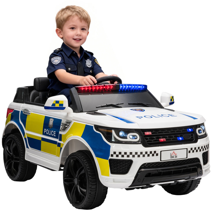 Carro Elétrico para Crianças acima de 3 Anos Carro Elétrico Infantil de Policia Carro a Bateria 12V com Controlo Remoto Bluetooth USB Luz Sirene 110x68x52 cm Branco