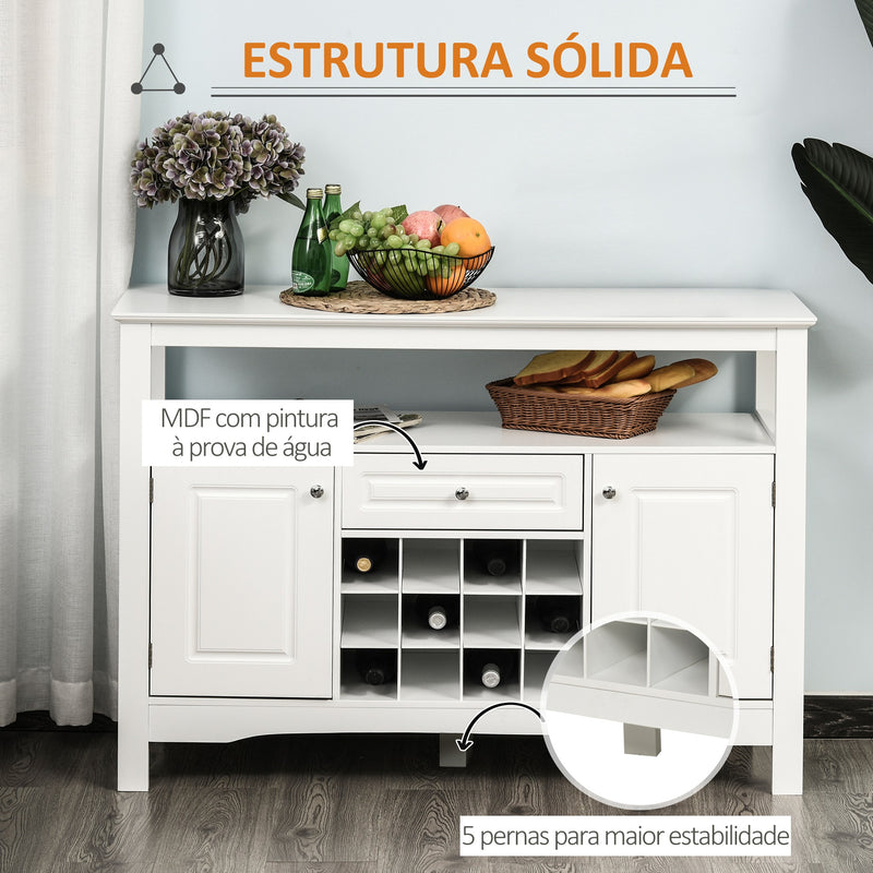 Aparador de Cozinha Aparador de Sala de Jantar com 1 Gaveta 1 Prateleira Aberta 2 Portas e Suporte para 12 Garrafas 116,5x40x82,5 cm Branco